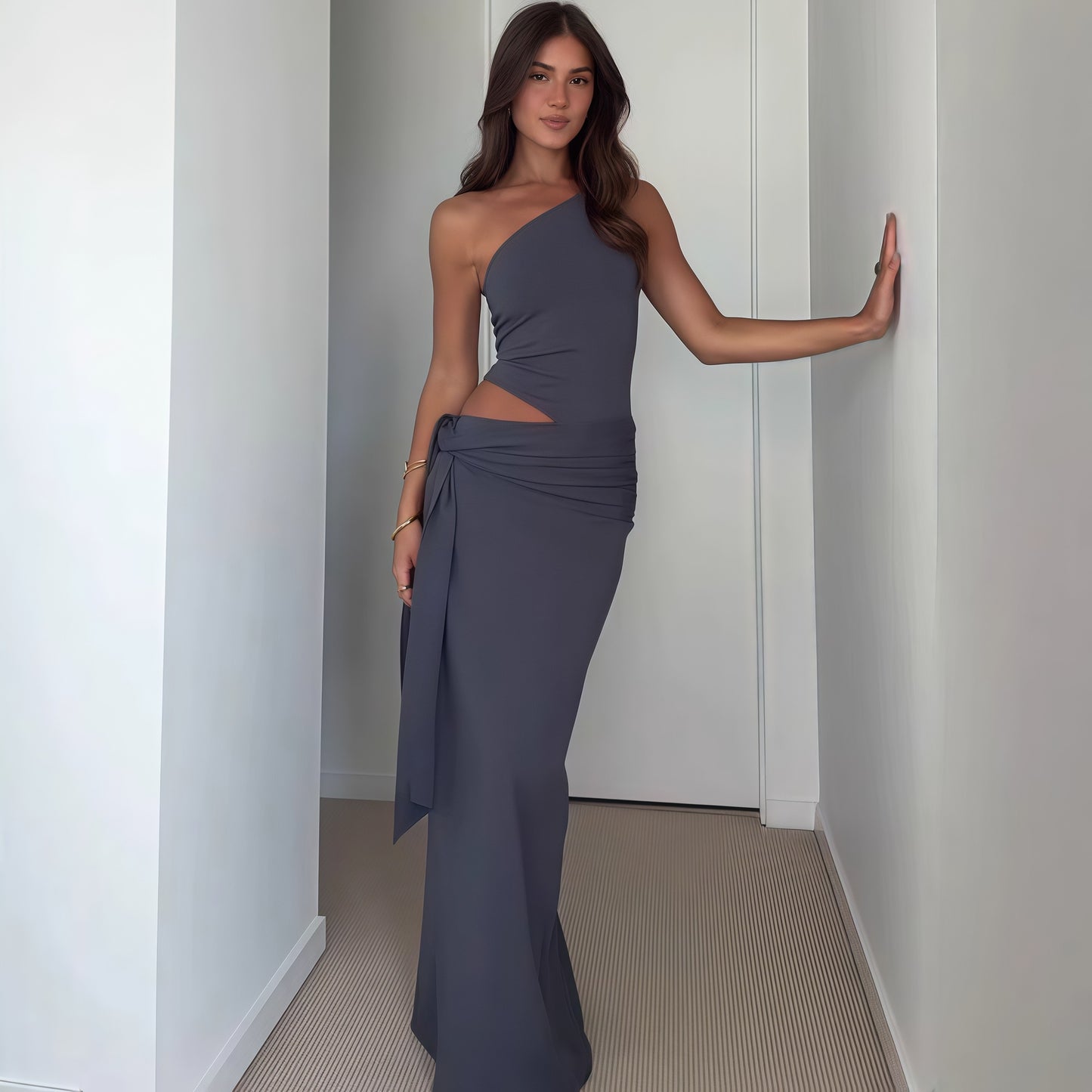 grey one shoulder backless hollow-out dress
