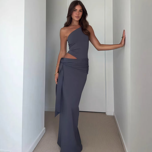 grey one shoulder backless hollow-out dress