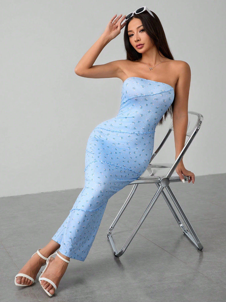 blue Floral strapless lace bodycon backless dress