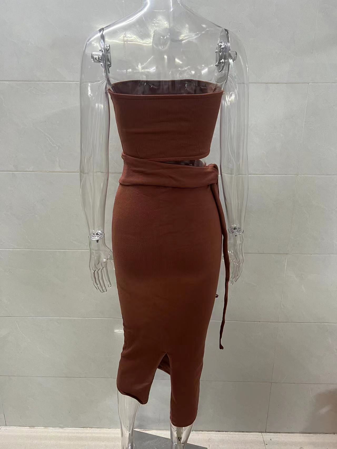 brown cut-out backless bandeau lace-up knitted dress
