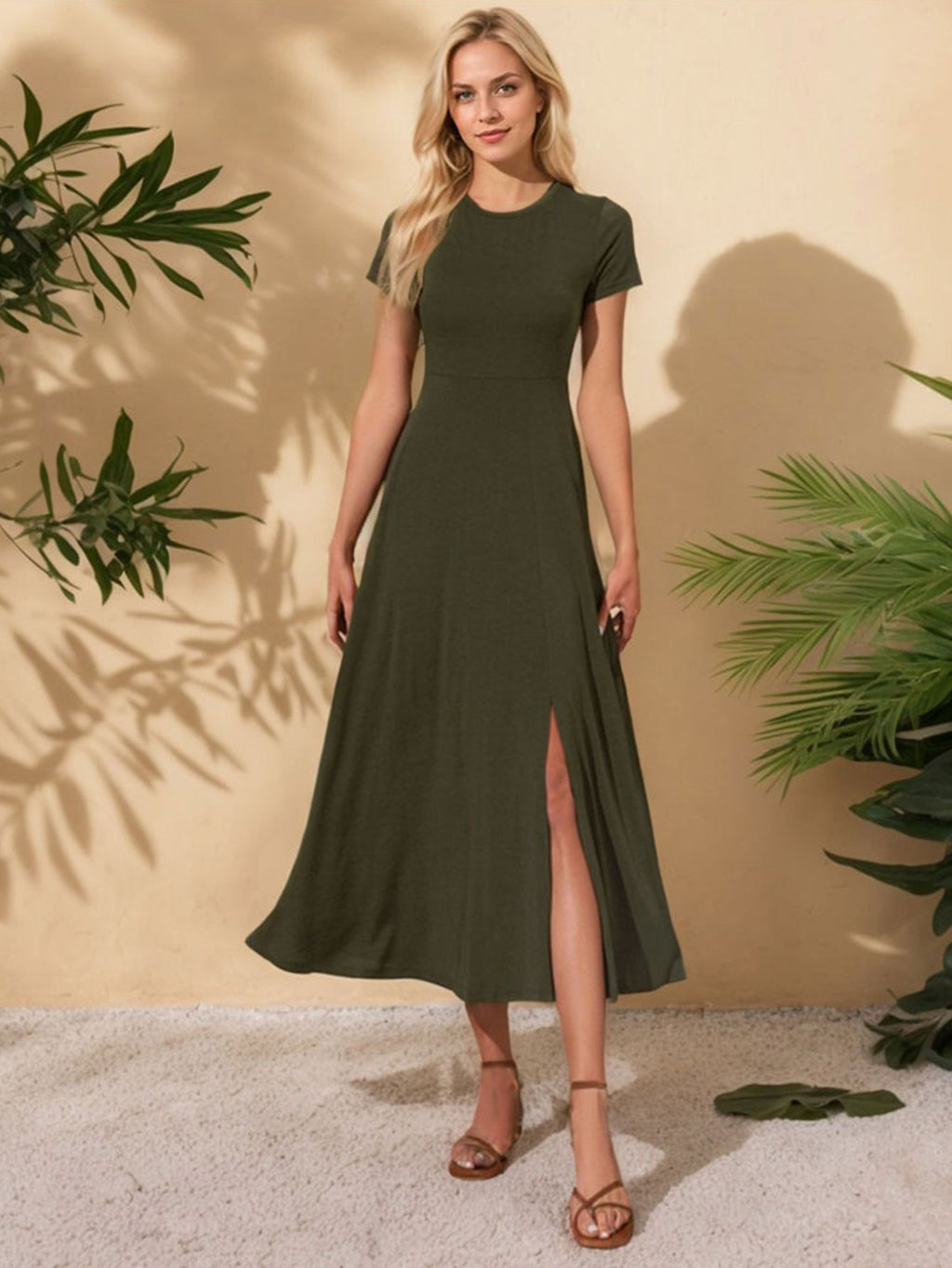 Round neck short sleeve slit midi dress