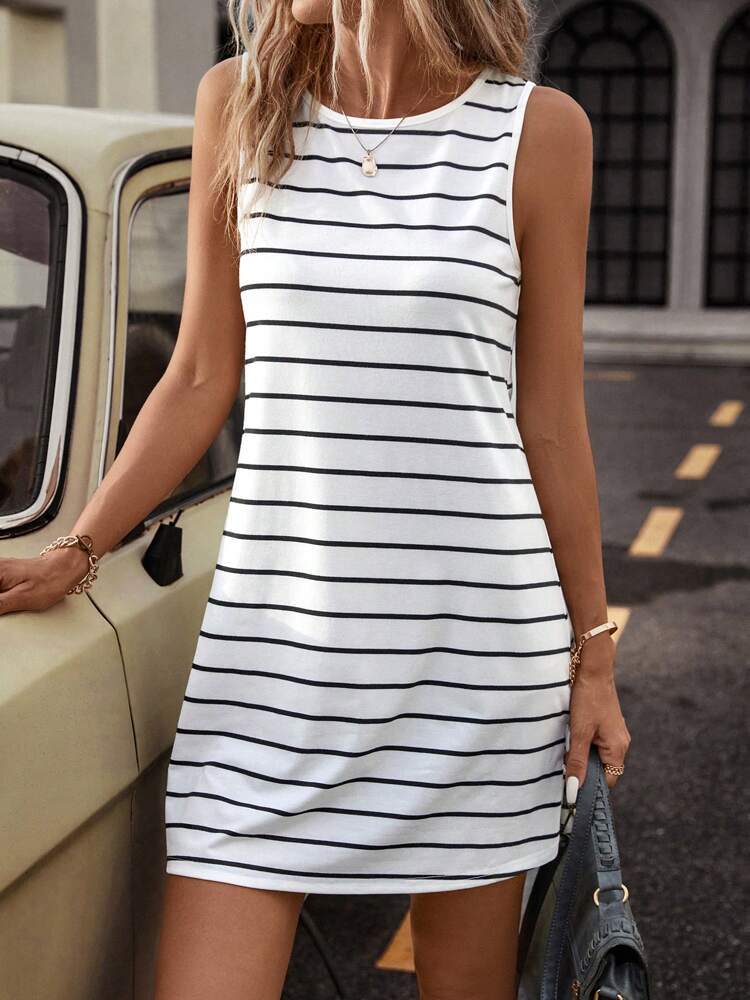 Striped round neck sleeveless A-line mini dress
