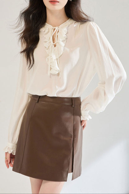White ruffled tie-waist V-neck puff sleeve shirt