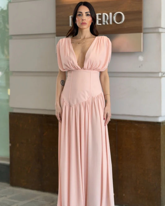pink pleated  V-neck sleeveless asymmetrical dress