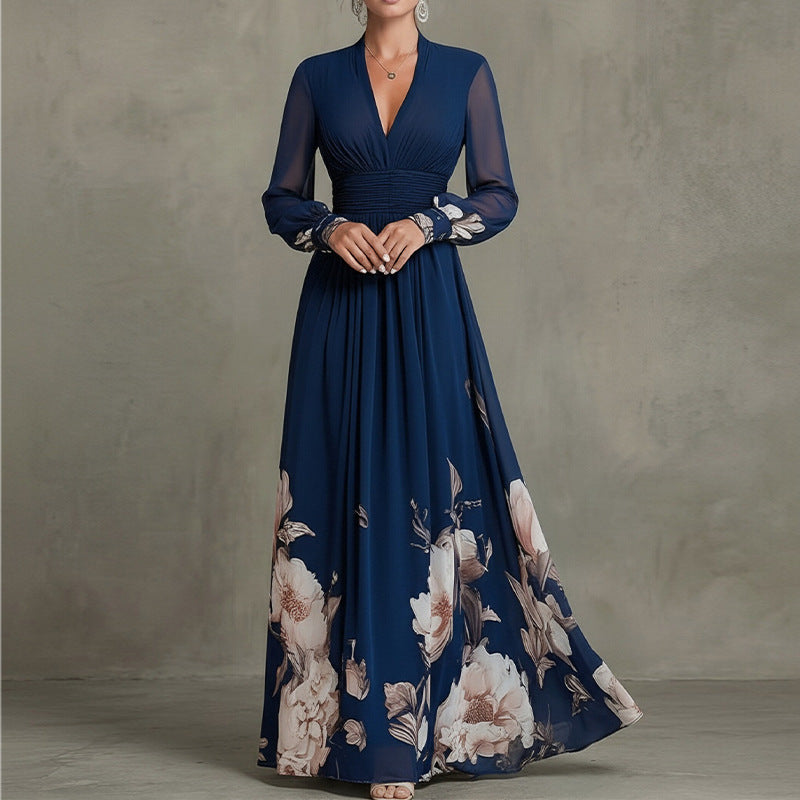 blue long sleeve printed V-neck maxi dress