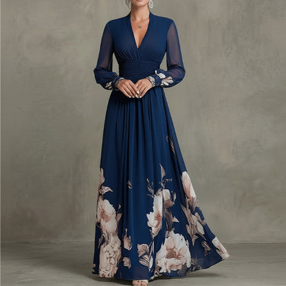 blue long sleeve printed V-neck maxi dress
