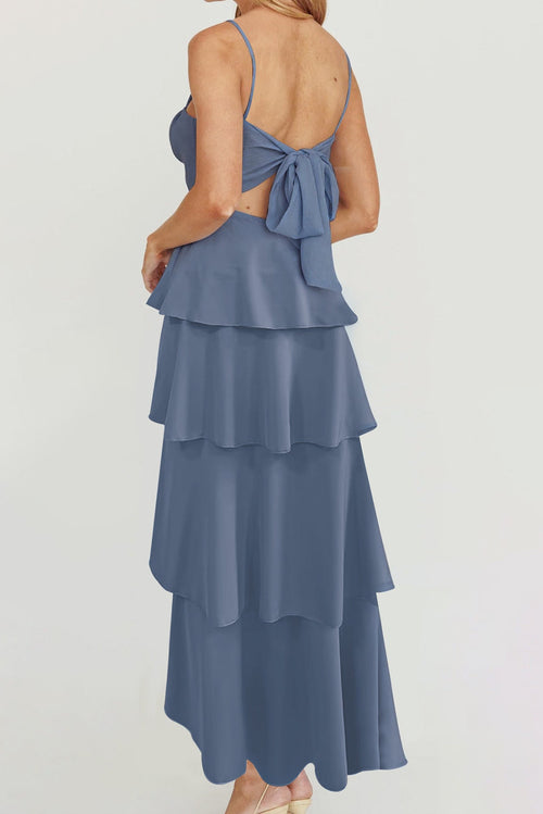 Backless halter pleated tie dress