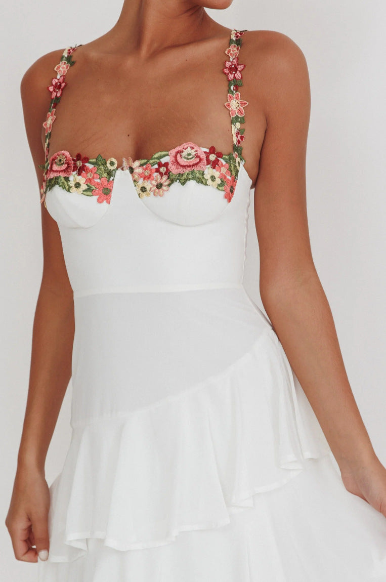white Cascading Ruffle Floral Decorative Dress