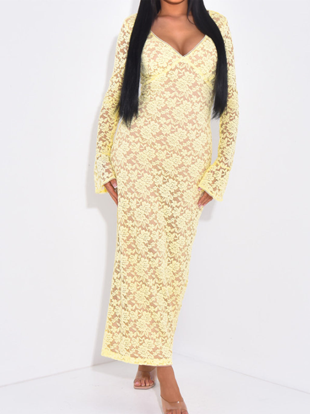 yellow Lace Cutout Long Sleeve maxi Dress