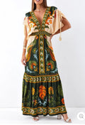 V-neck printed linen maxi dress