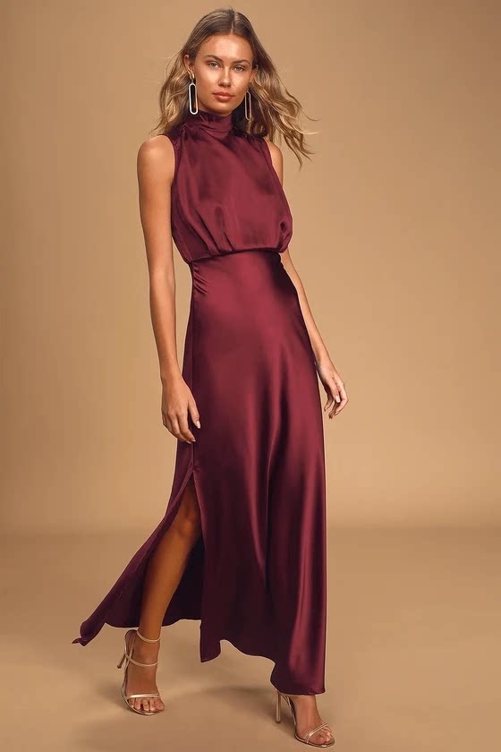 red stand collar slit banquet dress