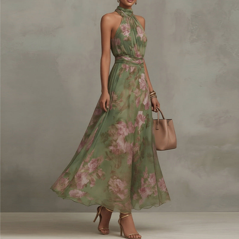 green printed halterneck waist dress