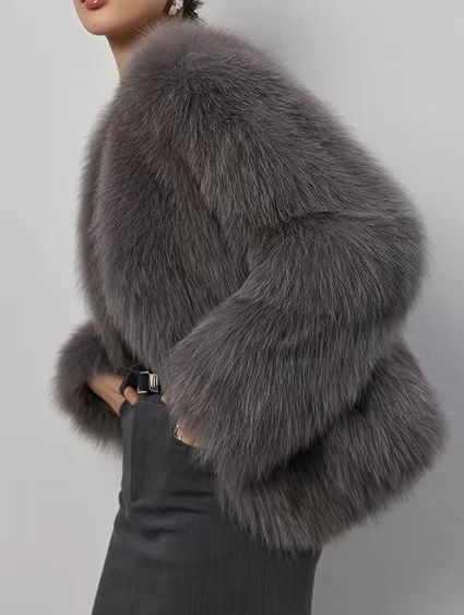 Gray Faux Fox Fur Eco Friendly Long Sleeve Jacket