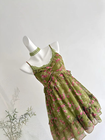 Country-style floral multi-layered cake mini dress - Green