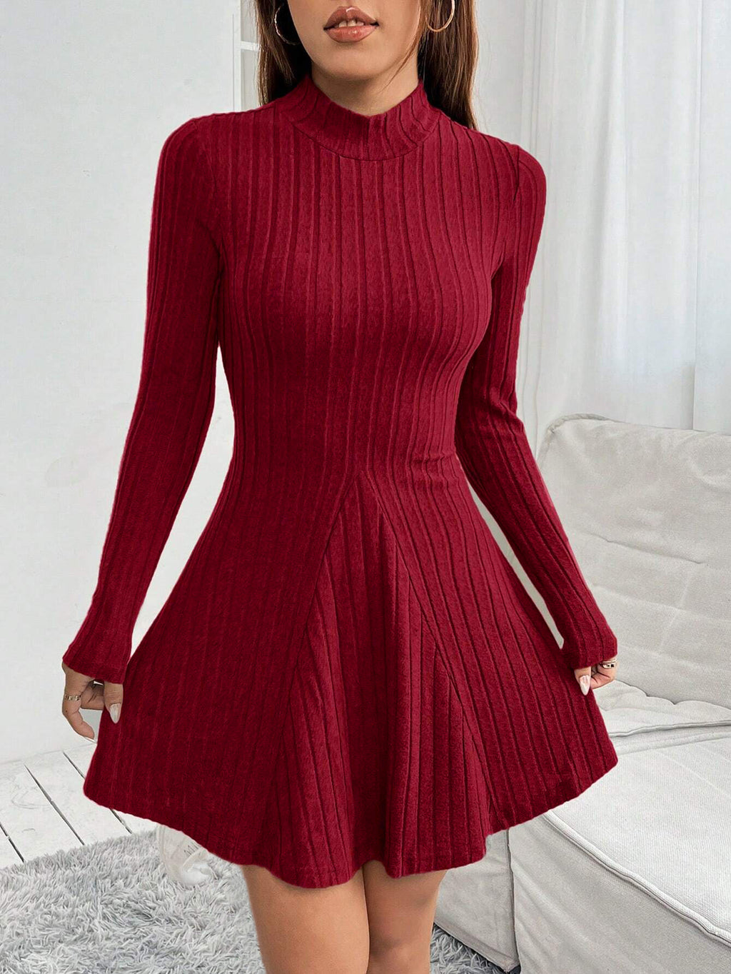 april red High-neck long-sleeved fitted A-line dress
