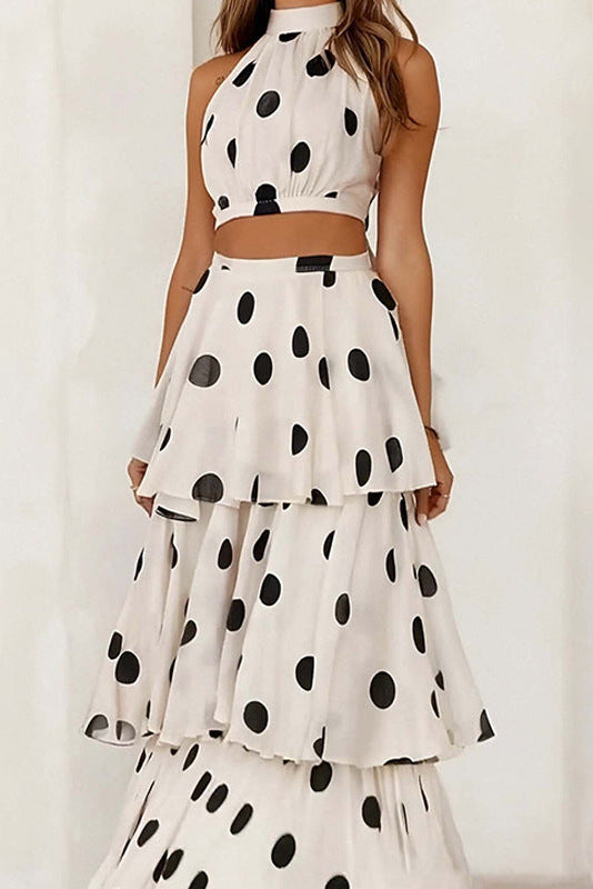polka dot halterneck sleeveless top skirt set
