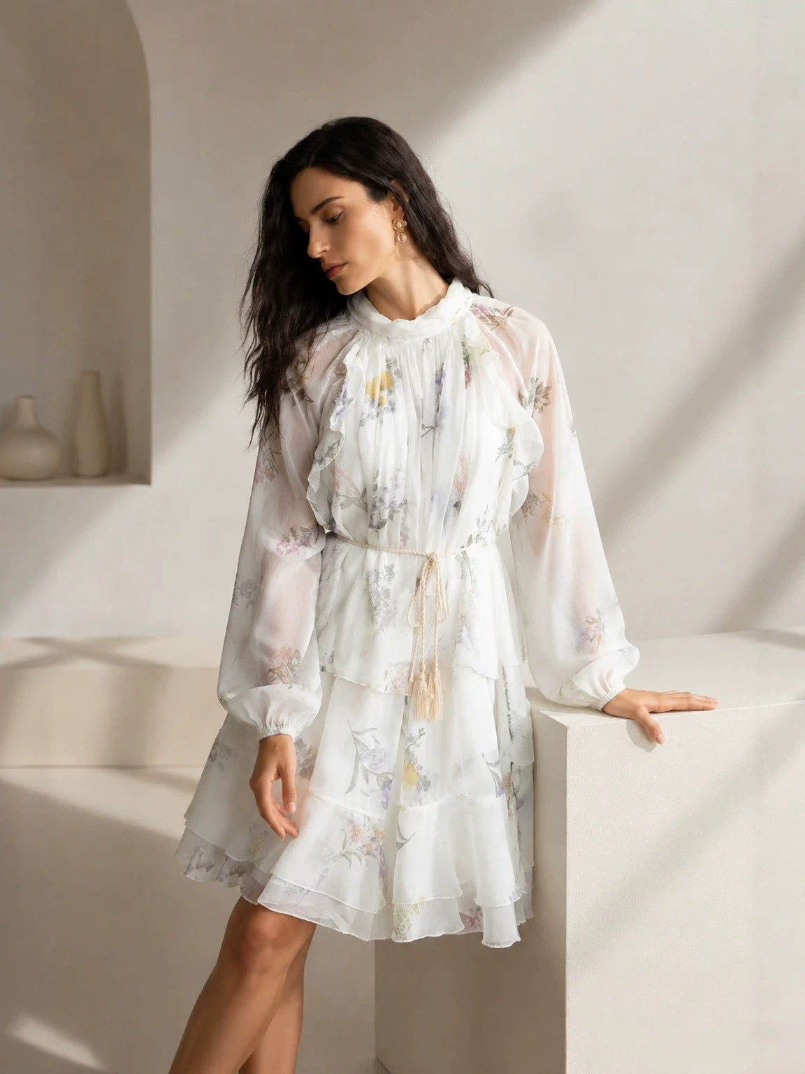 white Floral Chiffon Ruffled Tassel Belt Dress