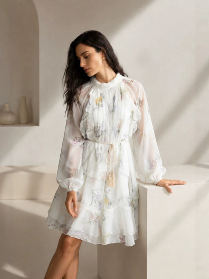 white Floral Chiffon Ruffled Tassel Belt Dress