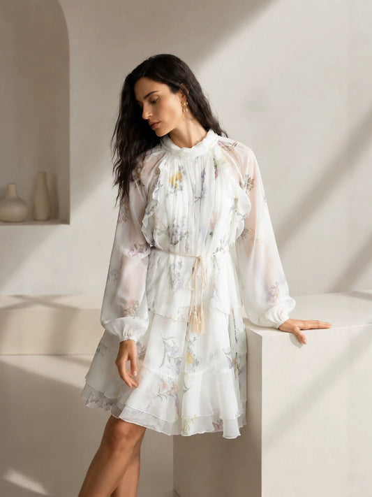 white Floral Chiffon Ruffled Tassel Belt Dress