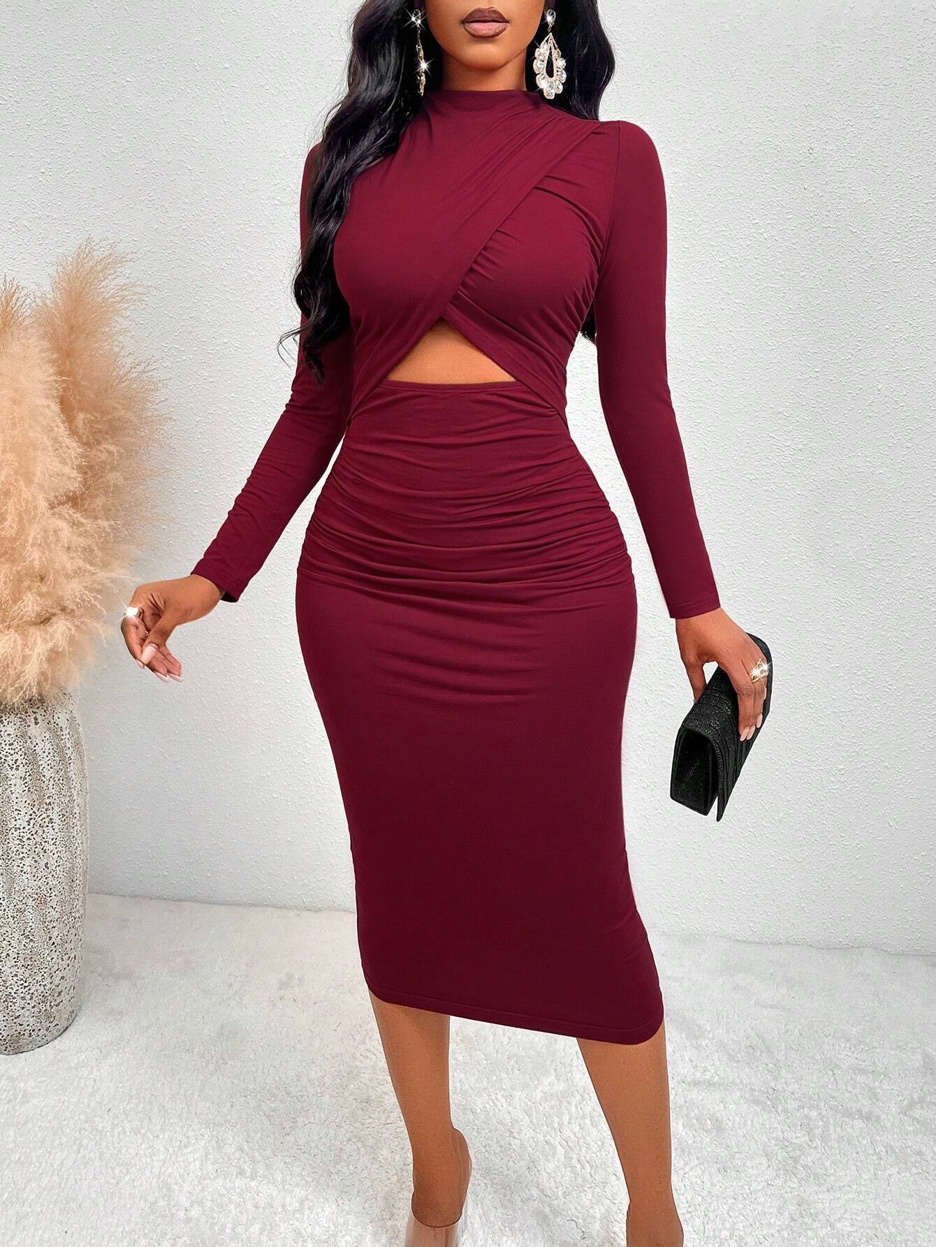 norma red Hollow-out long-sleeved bodycon dress