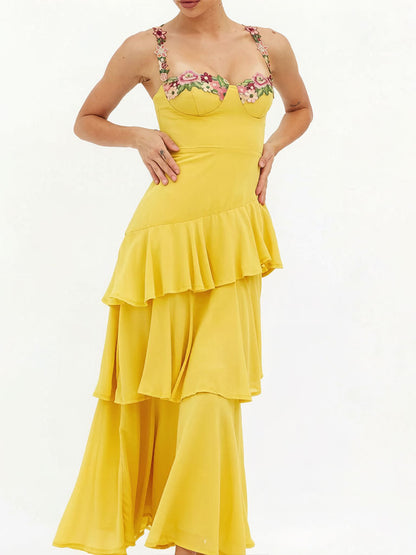 yellow Cascading Ruffle Floral Decorative Dress