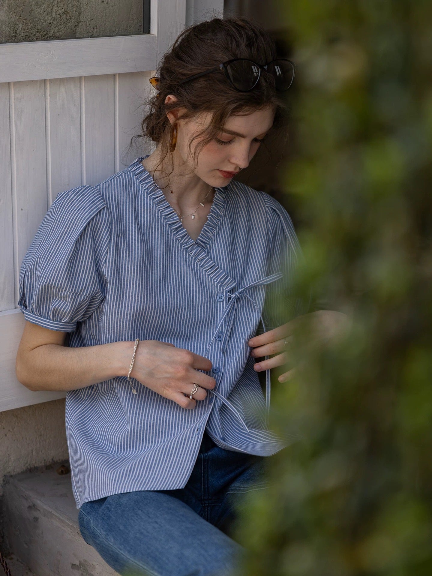 blue cotton asymmetrical  striped puff-sleeve shirt