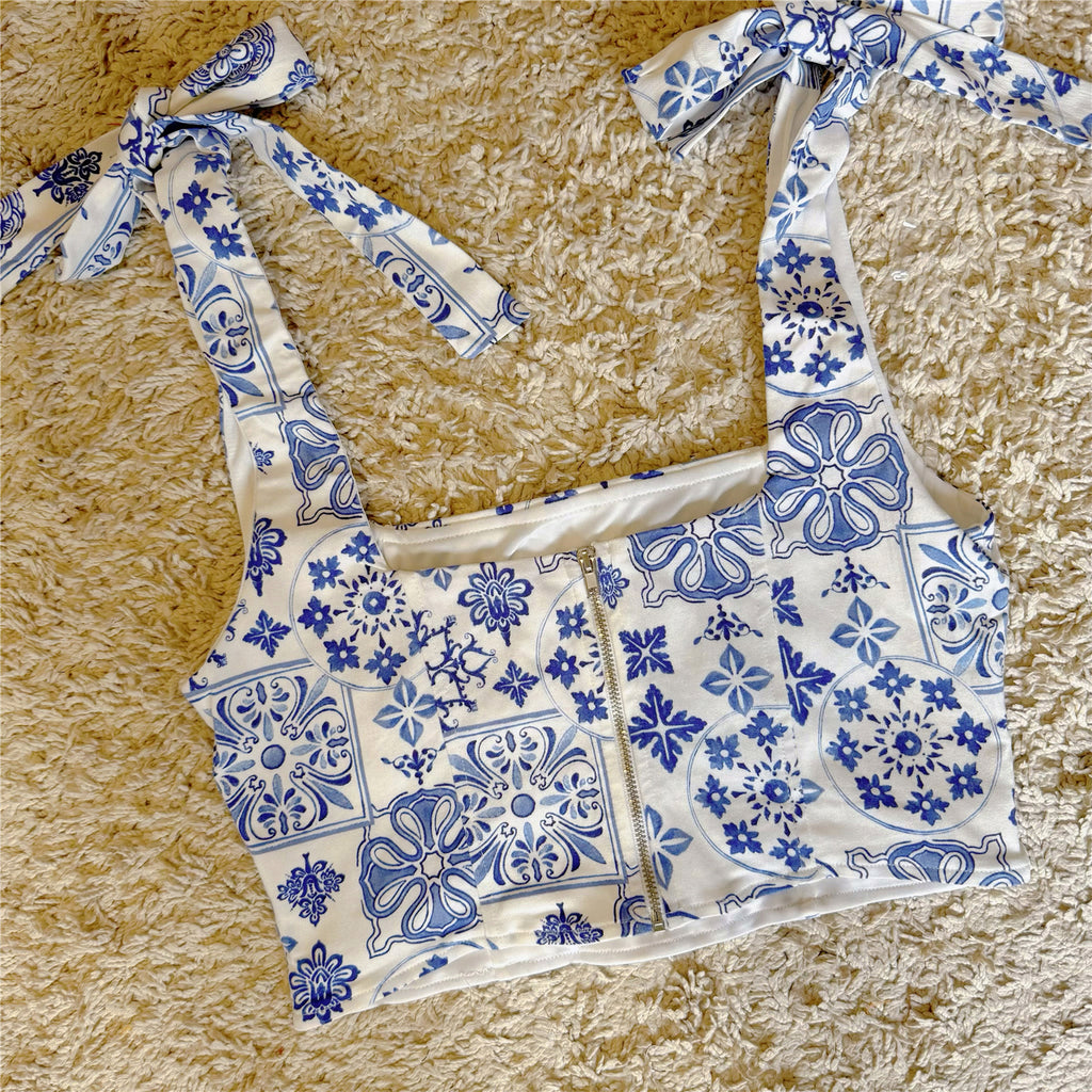 blue and white printed bow high-waisted short vest