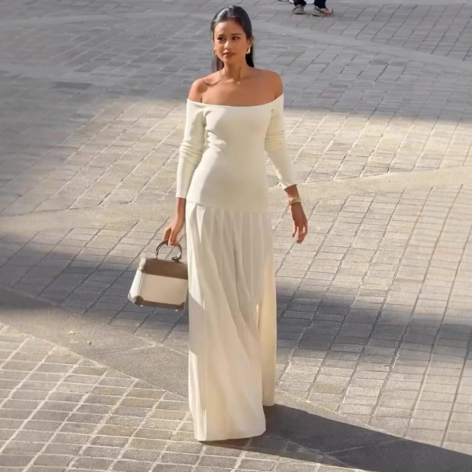 white Off-Shoulder Long-Sleeve Slit Pleated Dress