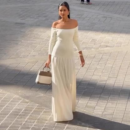 white Off-Shoulder Long-Sleeve Slit Pleated Dress