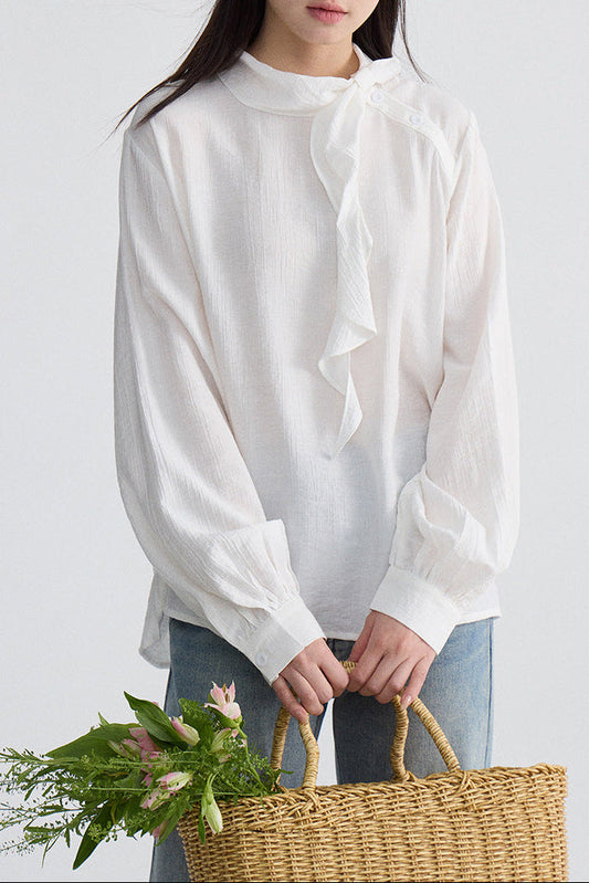 Retro side-button ruffled ribbon shirt
