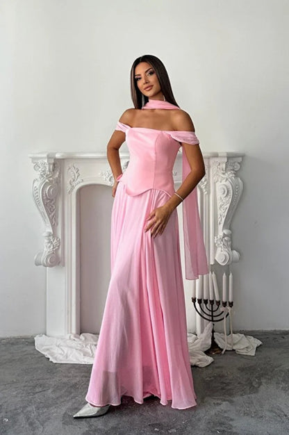 pink Streamer Off-the-Shoulder maxi Dress
