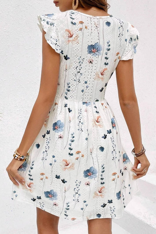 Printed V-neck lace trim mini dress