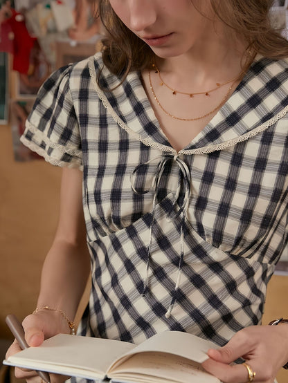 Lace Navy Collar Check Shirt