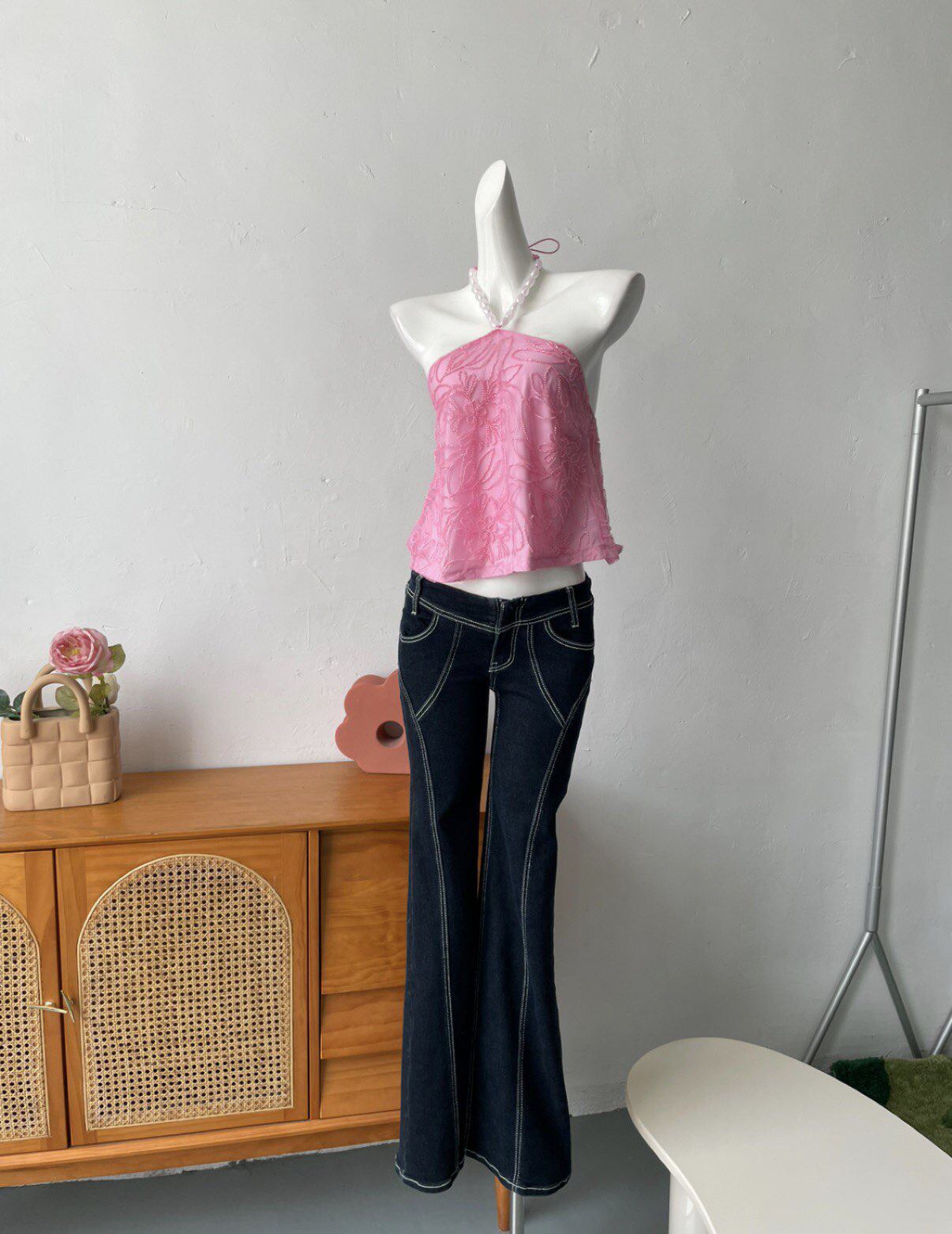 pink lace vest halterneck top