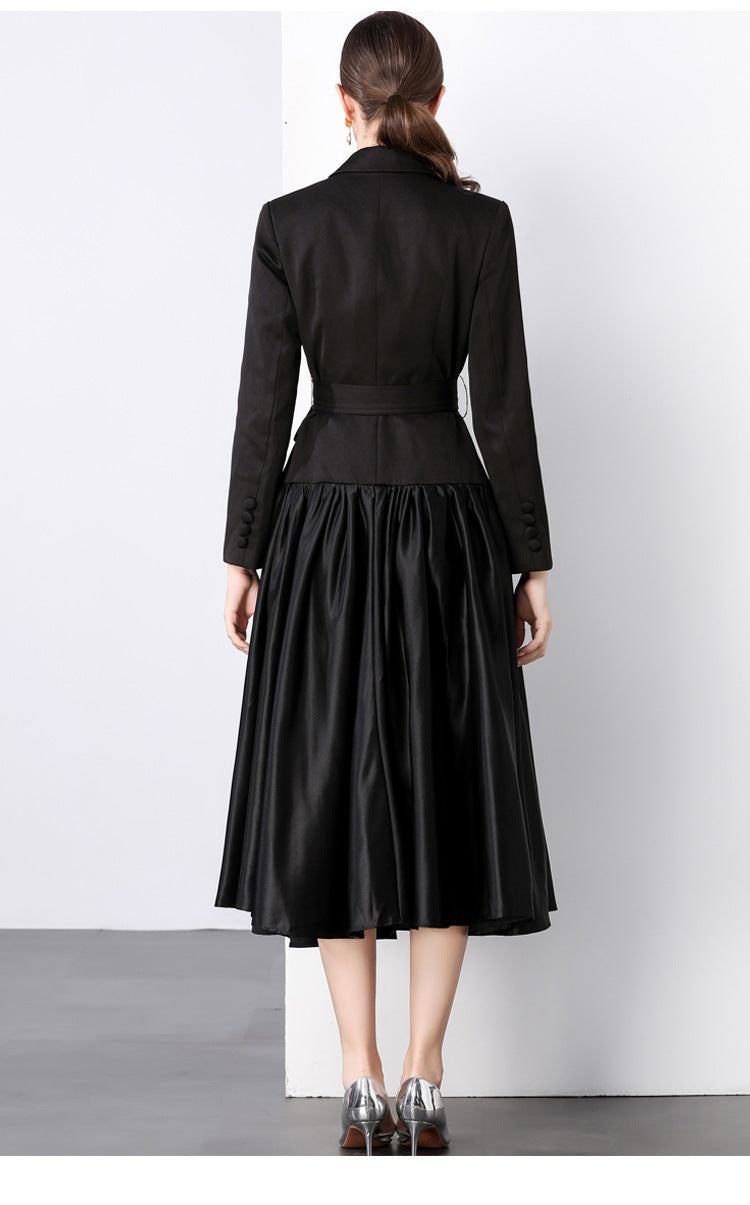 Suit collar belted long skirt