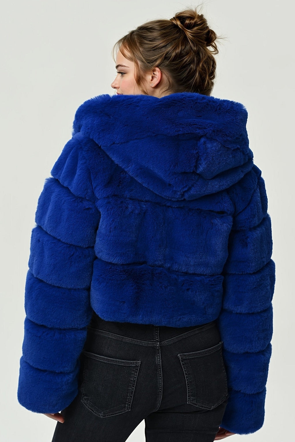 hooded imitation rabbit fur long sleeve spliced jacket