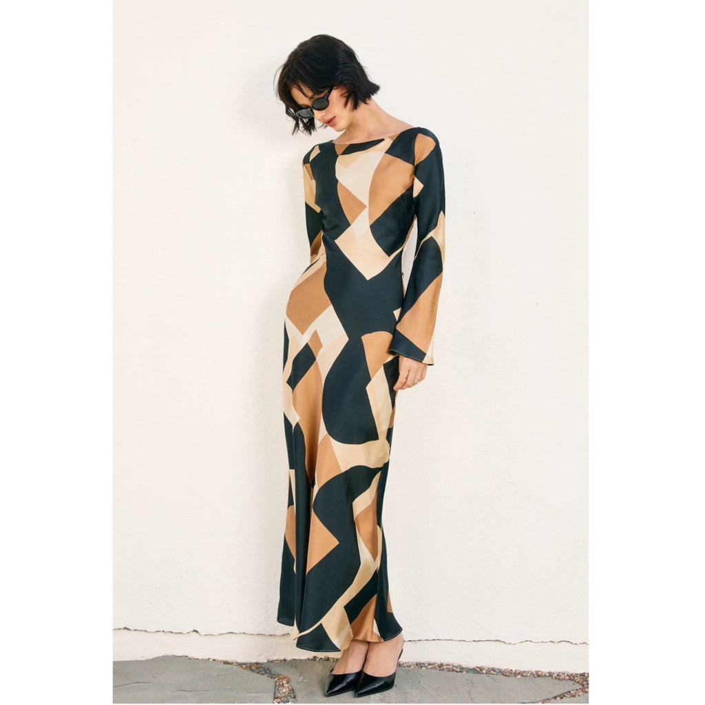 block satin flared sleeve midi dress