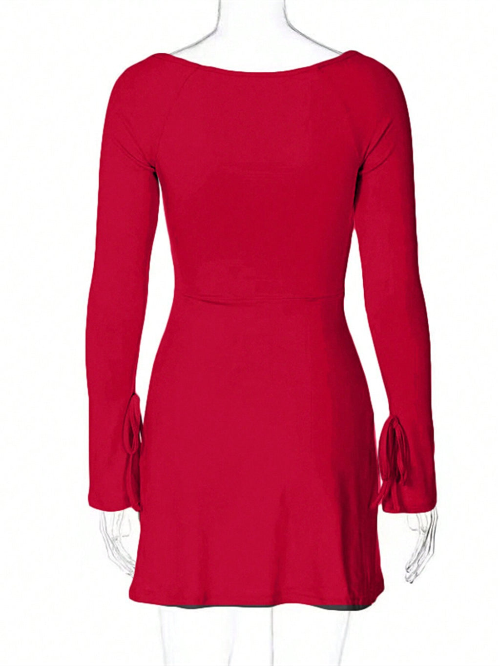 Square neck red high-waisted A-line slit mini dress
