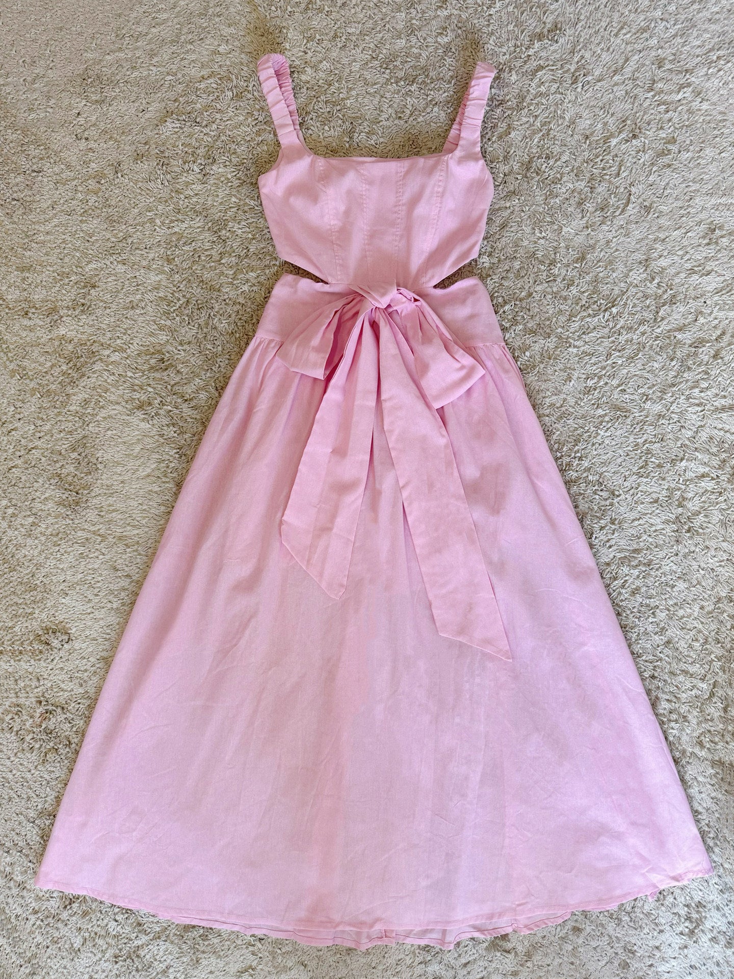 pink bow waist-revealing square neck cotton-linen dress