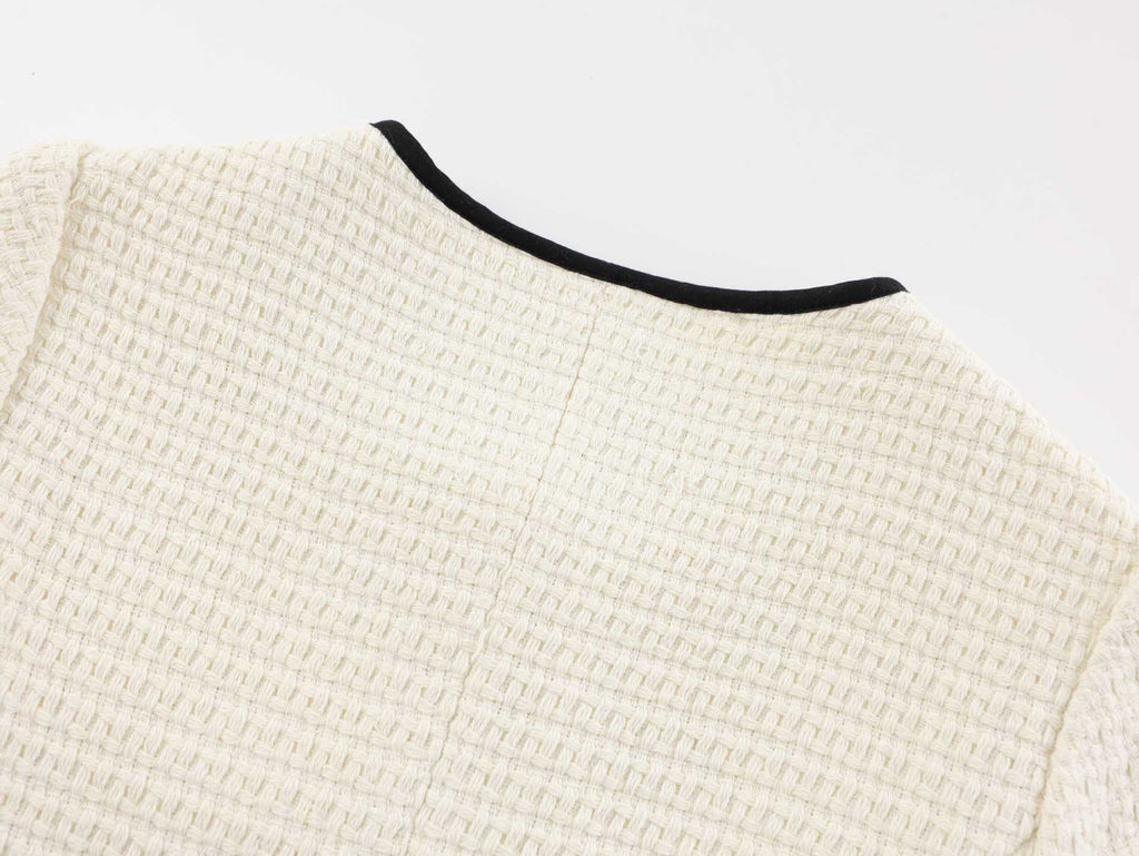 white knitted short-sleeved button-down  mini dress