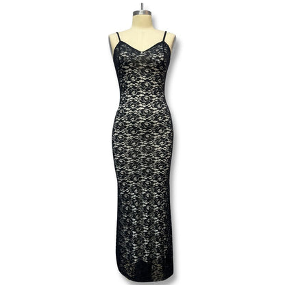 Deep V Lace Halter Back Maxi Dress