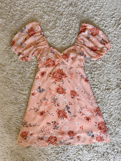 floral bow tie backless lantern sleeves dress