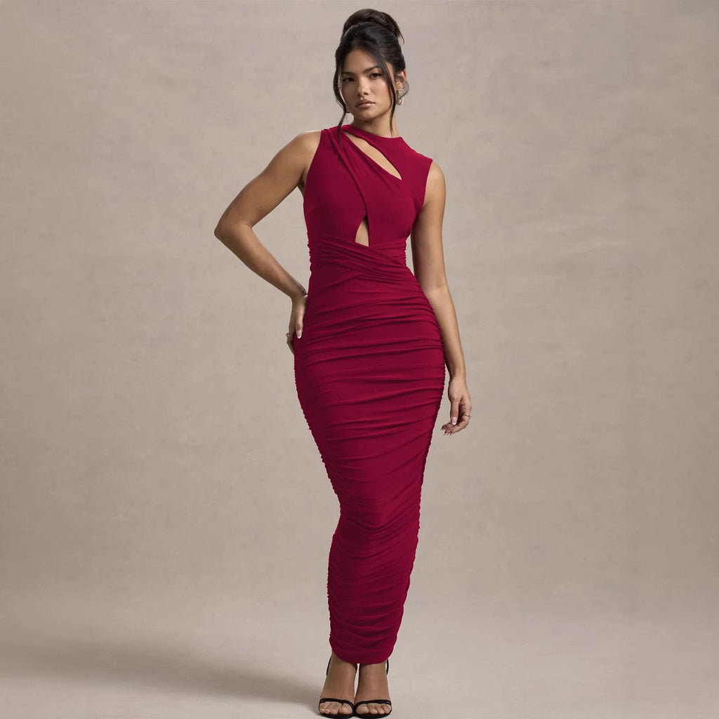 red Pleated sleeveless round neck bodycon dress