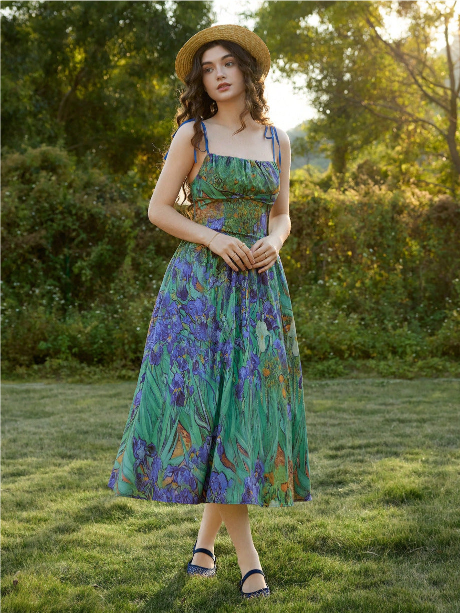 green suspender flower waist dress
