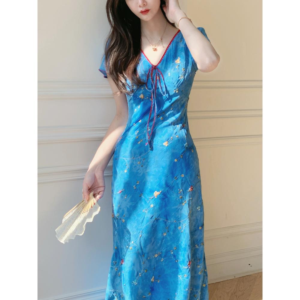 lesley v-neck floral Printed Embroidery maxi dress  - blue