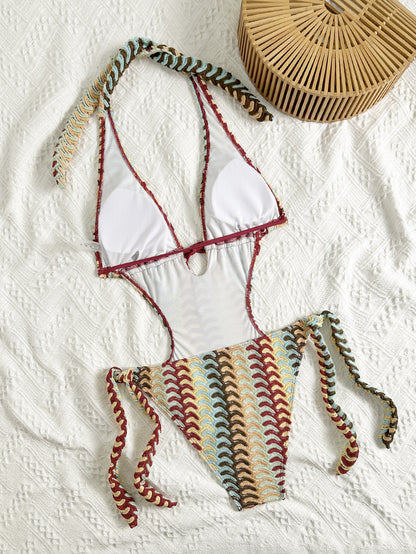vintage wave stripe halter swimsuit