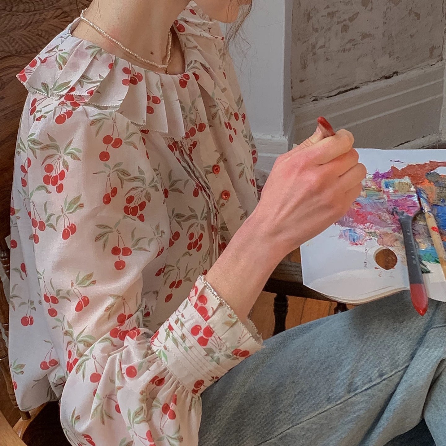 silk pressed crepe collar lantern sleeve shirt top