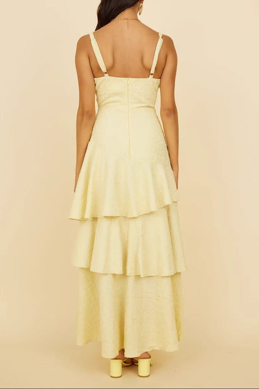 yellow suspender V-neck maxi dress