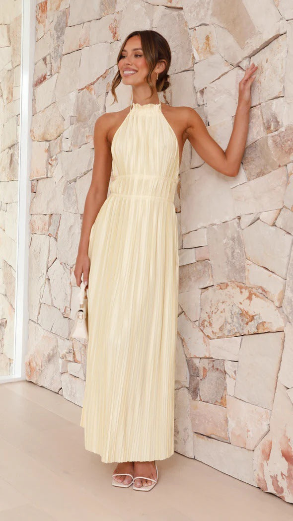 Backless tie-waist pleated long dress
