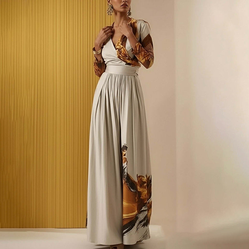 V-Neck Print Pleated Wide-leg Jumpsuit